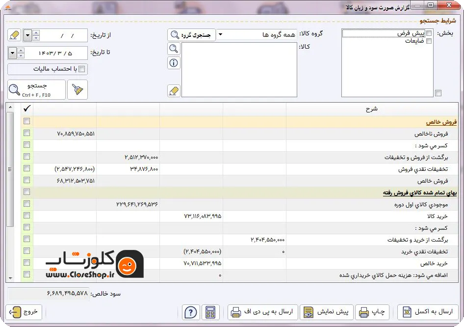 گزارش سود و زیان کالا کلوزشاپ