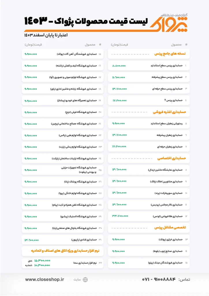 لیست قیمت نرم افزار های حسابداری پژواک