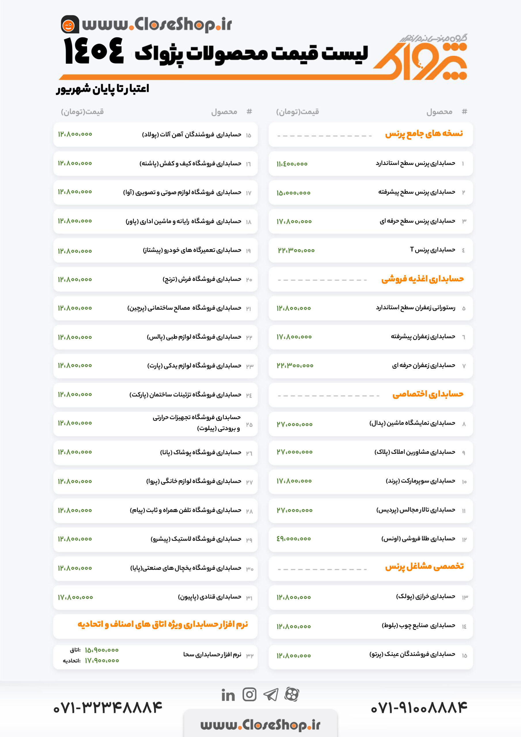 لیست قیمت سال 1404 نرم افزارهای حسابداری شرکت پژواک